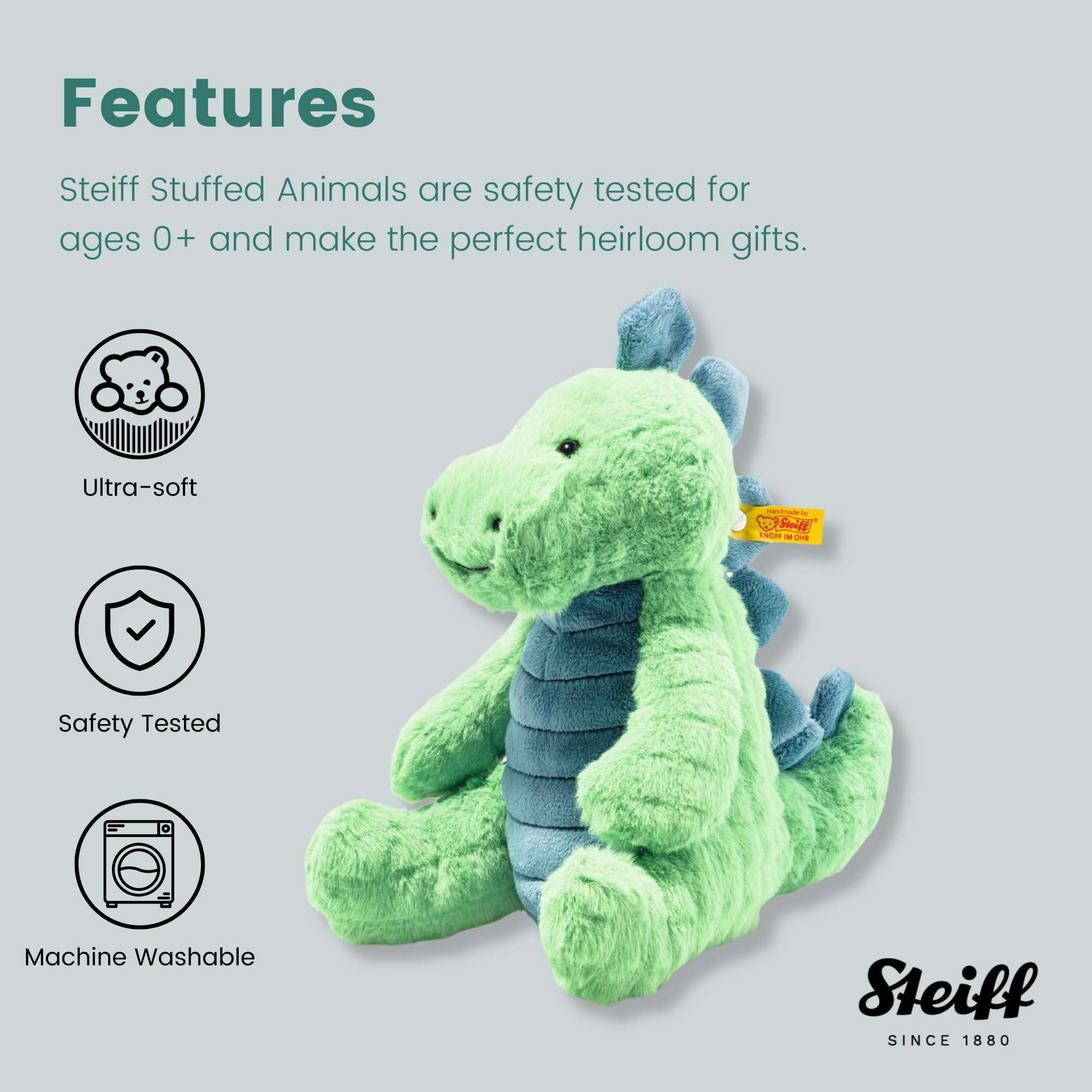 Steiff Plüschtier Spott Stegosaurus grün-Petrol 28 cm, Kuscheltier Dinosaurier, Soft Cuddly Friends